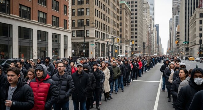 Diverse Crowd Waiting in a Long Queue Along a Busy City Street
