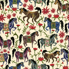 Obraz premium Unicorn Seamless Pattern. Winter. Unicorns, spruce, berries, fir and trees.Vector Illustration. Winter/Merry Christmas Collection. Modern Design