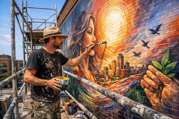Fototapeta premium A person creating street art on an exterior wall