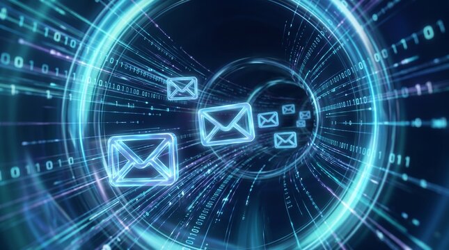 Digital communication and data transfer through a futuristic tunnel of binary code and glowing light effects