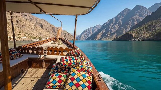 A traditional wooden boat cruises through calm turquoise waters near steep rocky mountains