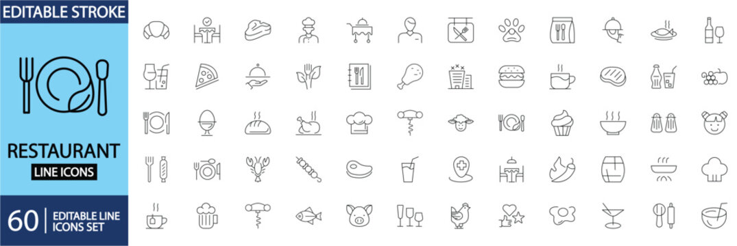 Restaurant icons set. Containing food, drink, menu, chef, table, cutlery, takeaway, and dining symbols. Vector illustration. Editable stroke. Perfect for restaurant.