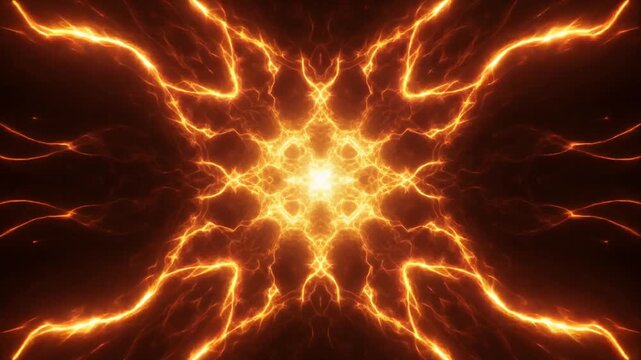 Fiery symmetrical energy burst with plasma formations, symbolizing fusion, power, and high‑energy visualization.