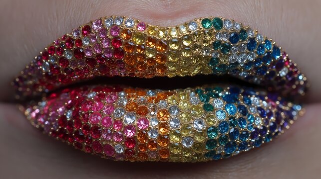 Lips decorated with colorful rhinestones shine.