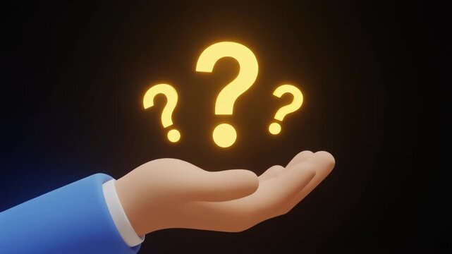 Open hand with glowing question marks, symbolizing inquiry, uncertainty, and knowledge exploration visualization.