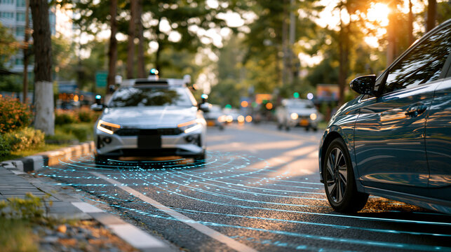 A clean artificial intelligence lidar autonomous vehicle finding parking on a bright road artificial intelligence lidar autonomous vehicle self driving parking sensors