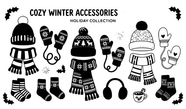 Generate a delightful cartoon vector illustration of a winter accessories collection isolated on a solid white background. Include a soft knitted pompom hat with decorative cable-knit patterns, a long