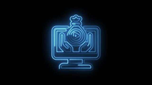 Glowing blue neon icon of hands holding a money bag over a computer screen with a play button