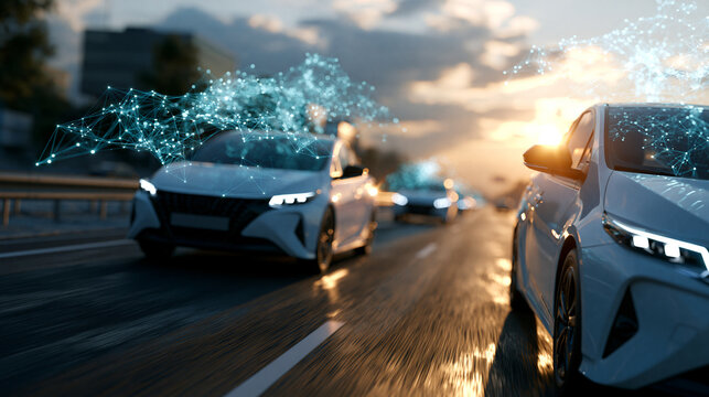 Clean autonomous self driving cars connected through a network on a bright highway autonomous cars self driving artificial intelligence highway network connectivity