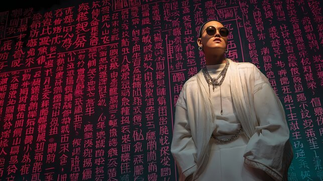 Man wearing sunglasses stands before neon text.