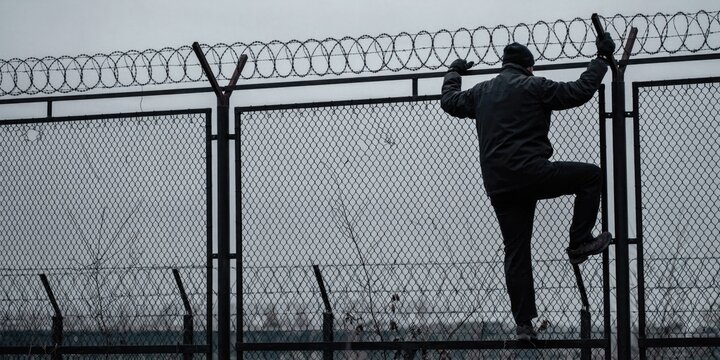 Person in dark clothing climbing a chain-link fence with barbed wire