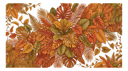 Vintage tropical leaves background, autumn colored monstera and palm foliage vector, earth tone botanical jungle border for wedding invitations © Rehman
