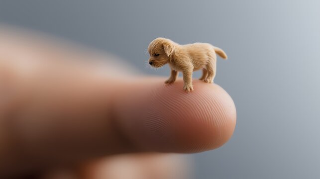 Puppy stands on a human finger for scale.