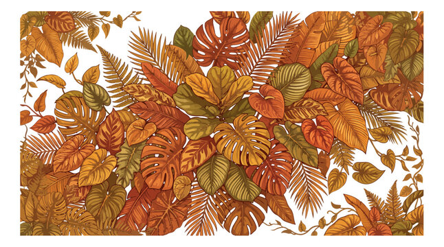 Vintage tropical leaves background, autumn colored monstera and palm foliage vector, earth tone botanical jungle border for wedding invitations