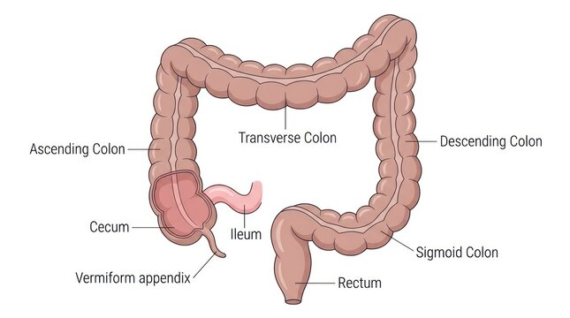 Human large intestine anatomy with ascending, transverse, and descending colon.