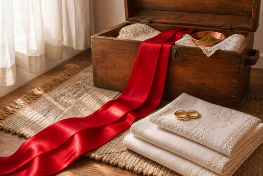 Red Bridal Sash and Dowry Chest for a Turkish Wedding Morning