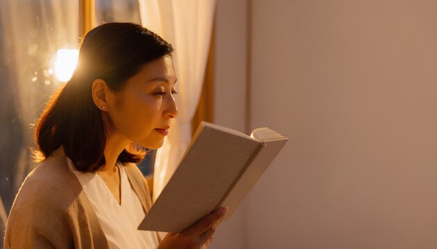 夕暮れの窓辺で読書をする女性の横顔