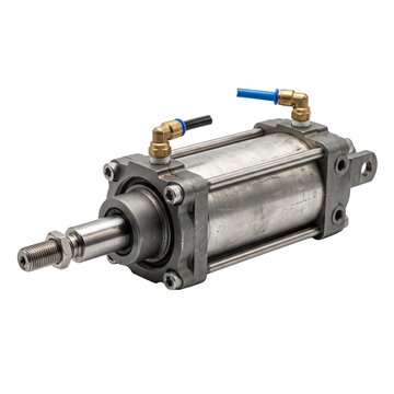 Detailed close-up of an industrial double-acting pneumatic tie-rod cylinder with push-in fittings, isolated on a white background