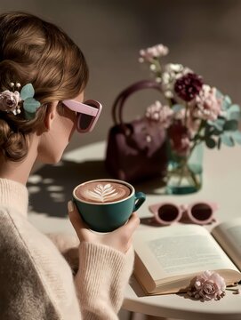 Woman enjoys coffee while reading a book.
