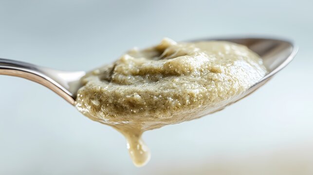 Healthy puree drips slowly from a silver spoon.