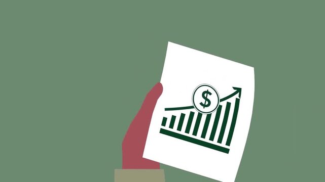 2D Animated Hand Holding Paper Document with Green Rising Arrow Growth Graph and Dollar Sign Flat Vector Financial Animation Footage