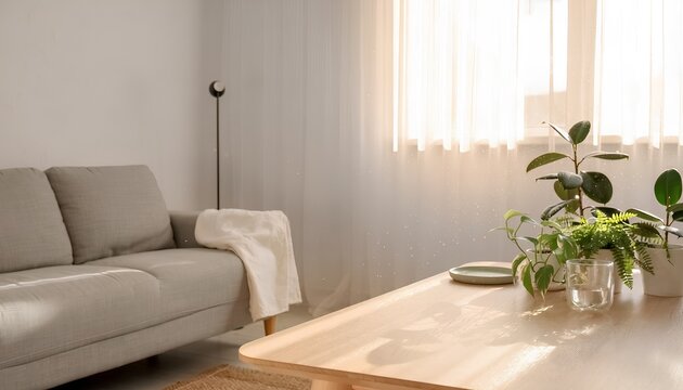 柔らかな朝の光が差し込むミニマルなリビングルームと観葉植物