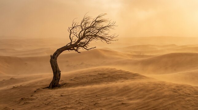 Lone dead tree in a windy desert landscape
