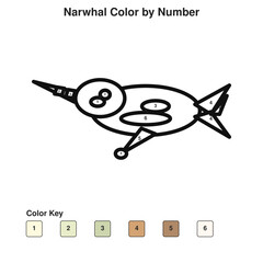 Cute Narwhal Color by Number Worksheet for Kids, Printable Arctic Animal Coloring Activity, Educational Number Coloring Page, Black and White Vector SVG © GuzelN