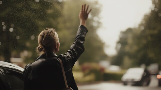 Businesswoman raises her hand to hail a taxi.