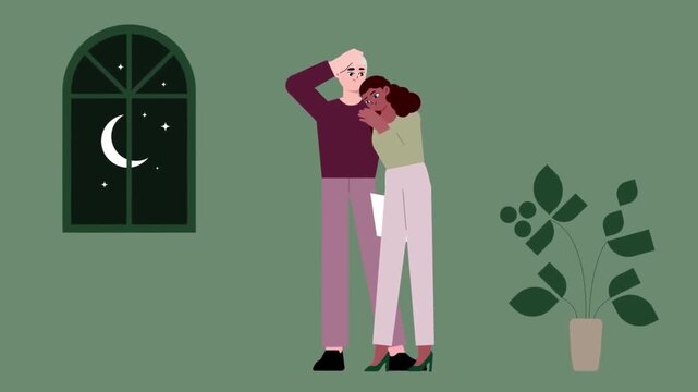 2D Animated Loving Couple Hugging and Standing Near Window at Night Under Crescent Moon Flat Vector Romantic Character Animation Footage