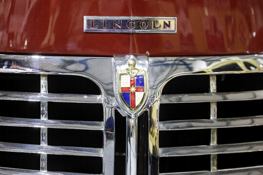 Perth, Western Australia, Australia - May 3 2026: Classic 1948 Lincoln Continental V12 convertible MK1 front grille chrome emblem and badge. Iconic luxury brand, coat of arms. Vintage American vehicle