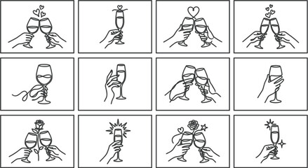 Fototapeta premium Celebration toast icons vector set with hands clinking wine glasses champagne flutes and wedding party elements on white background