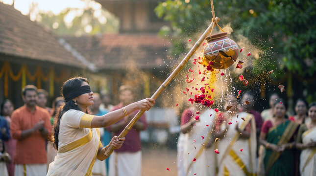 Blindfolded South Indian woman playing Uriyadi game during Onam festival, breaking a clay pot with a stick, traditional Kerala clothing, festive celebration courtyard background