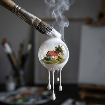 Surreal painting of a tiny house inside a drop of white paint