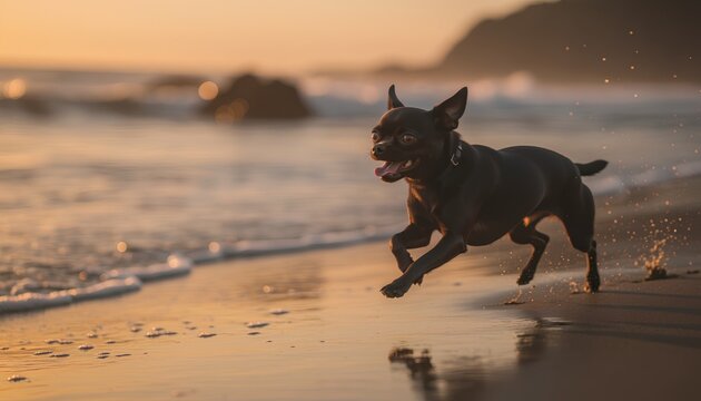 夕暮れの海岸を元気に駆け抜けるチワワ