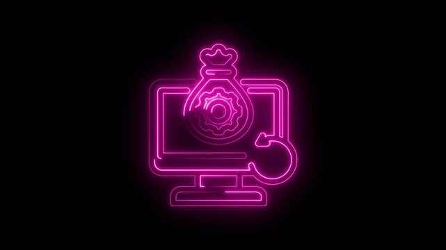 Neon pink computer monitor displaying money bag with gear icon and refresh symbol glowing on