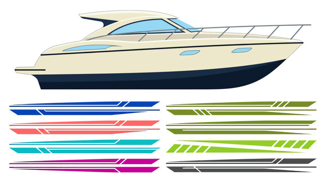 Luxury boat with multiple colorful side stripe decals