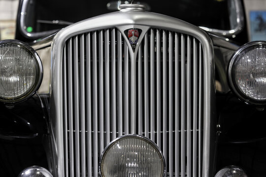 Perth, Western Australia, Australia - May 3 2026: Vintage 1948 Rover 75 P3 sport saloon front radiator grille, iconic viking longship emblem badge. Close-up classic British luxury vehicle, heritage