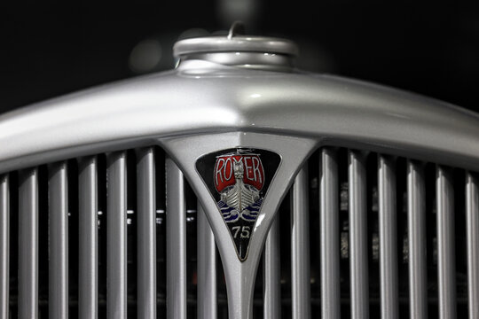 Perth, Western Australia, Australia - May 3 2026: Vintage 1948 Rover 75 P3 sport saloon front radiator grille, iconic viking longship emblem badge. Close-up classic British luxury vehicle, heritage