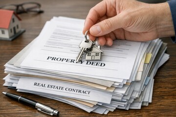 Fototapeta premium A person holds a key above a stack of papers, possibly indicating access or permission
