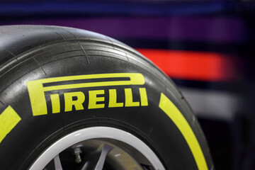 Obraz premium Perth, Western Australia, Australia - May 3 2026: Close-up Pirelli tire. FIA Formula One World Championship grand prix racing. Official motorsport brand logo, sleek racing rubber slick