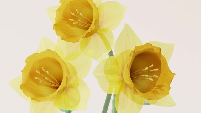 Three Bright Yellow Daffodils Closeup Smoothly Blooming on Light Minimalist Background, Spring Floral Motion with Detailed Petals
