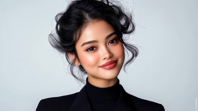 One young woman with black updo hairstyle in black turtleneck on clean studio background