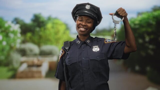 Young policewoman smiles while holding metal handcuffs aloft with right hand on a leafy street by a fountain and walkway; pride duty.