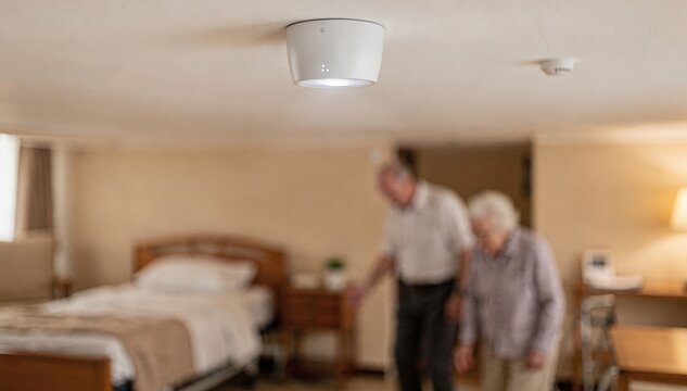 Medium shot of discreet ceiling sensor in private room softly monitoring elderly residents subtle movements with background blurred to emphasize innovative fall detection