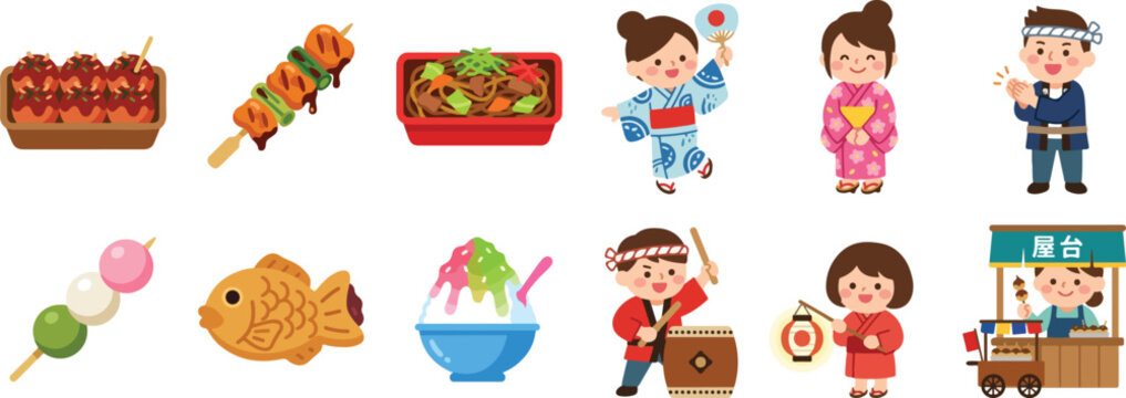 Japanese Summer Festival Food and People Characters Vector Set