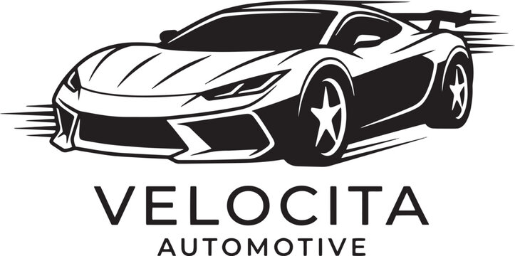 Modern sports car logo with Velocita Automotive text, sleek black and white supercar vector illustration, high speed racing vehicle emblem for branding