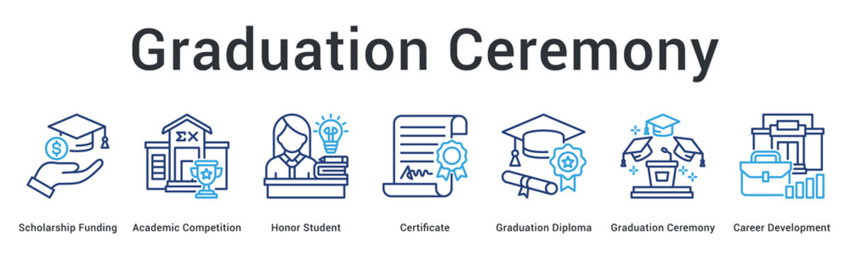 Graduation ceremony banner web icon celebrates honor student achievement through diploma and career development.