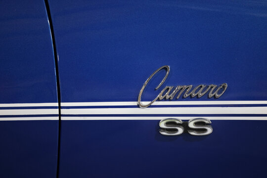 Perth, Western Australia, Australia - May 3 2026: Classic 1968 Chevrolet Camaro RS SS muscle car. Blue body, chrome script lettering, SS emblem badge. Iconic american vintage vehicle