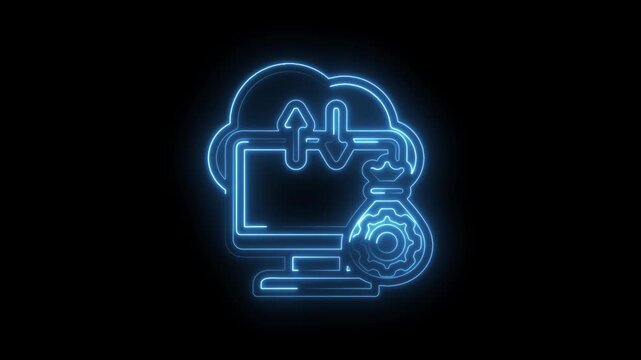 Glowing blue neon icon depicting cloud computing data transfer and money bag with gear